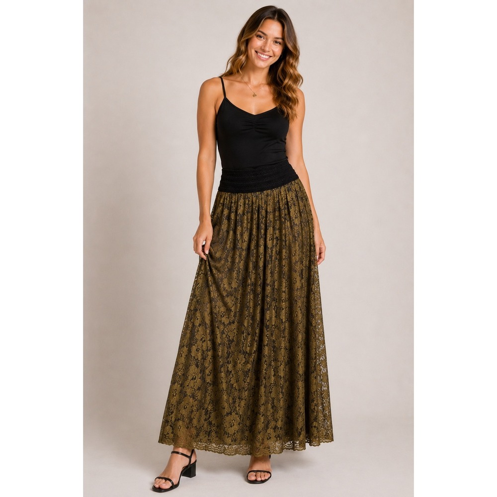 VTG 90s Floral Lace Sheer Maxi Full Skirt Whimsigoth RenFaire Gold Sz M